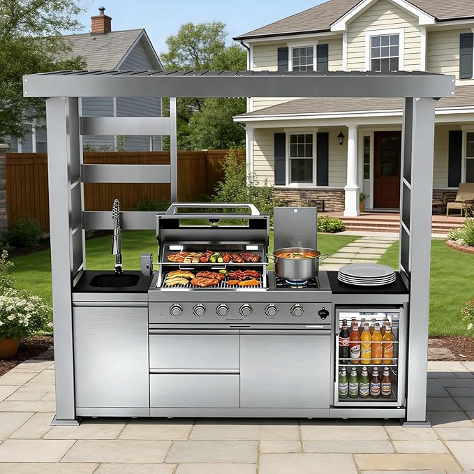 97" Outdoor Kitchen Island,4-Burner Propane Grill Featuring Rotisserie Oven,Side Burner,Mini Wine Fridge,Galvanized Steel Roof,Granite Countertops & Sink – BBQ Grill 72,000 BTU Total.(Silver,Propane)