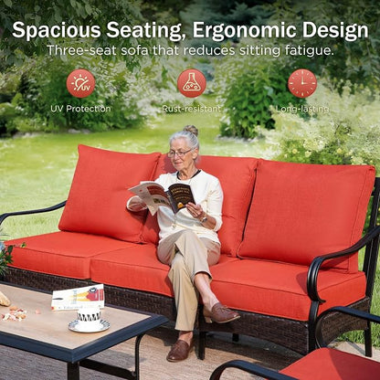Wicker & Metal Outdoor Patio Couch,3-Seat Patio Sofa with Deep Seating for Front Porch, Deck, Balcony, Backyard, Sunroom,Red