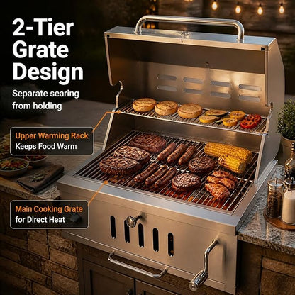 Built in Charcoal Grills for Outdoor Kitchen Island, Large Drop-in Barbecue Grill with Liftable Tray, Insulated Hood & Temp Gauge Heavy Duty Stainless Steel BBQ Grill for Family Parties Patio Cooking