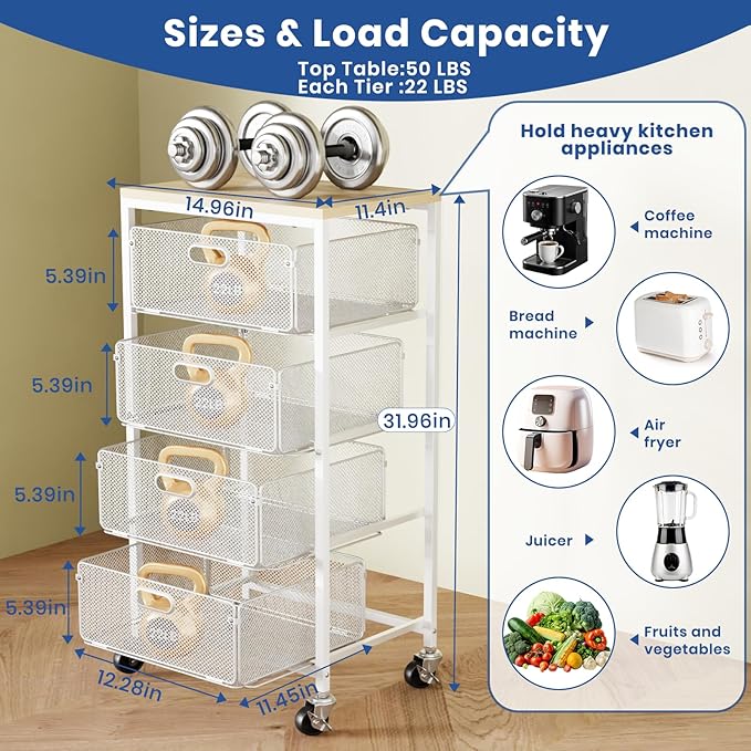 Goovilla Kitchen Cart with Drawers, Lockable Wheels with Wooden Top, White | 4 Tier Metal Rolling Utility Cart Organizer, Fruit Vegetable Storage Rack Also for Cans, Snack, Craft, Art, Office, Beauty