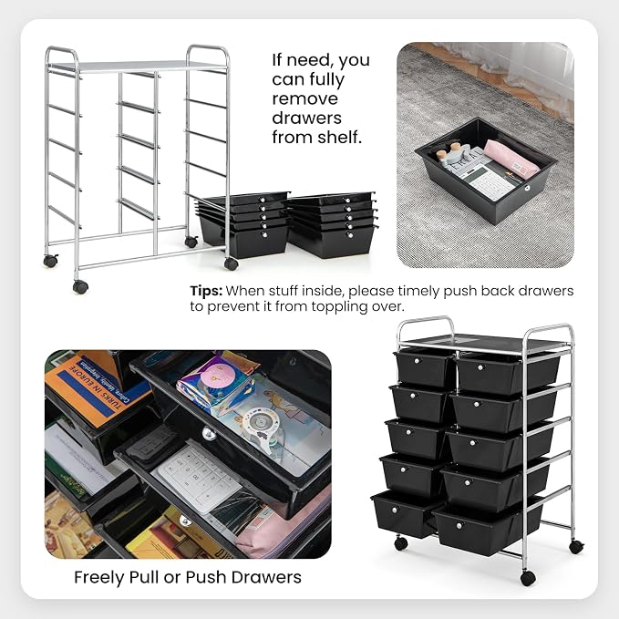 HOMGX Rolling Cart with 10 Drawers, 10 Tiers Multicolor Trolley, Drawer Bin Carts with 2 Lockable Wheels, Adjustable File & Debris Organizer Cart, Rolling Storage Cart for Office, School, Home