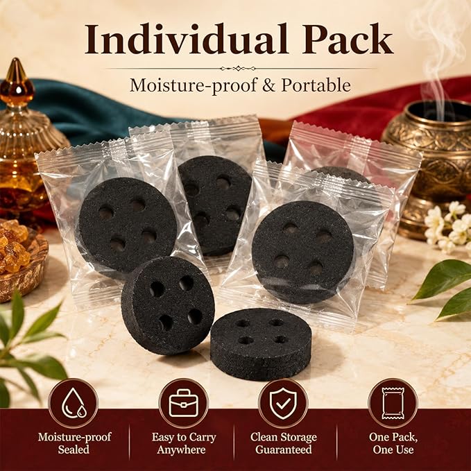 MAQIHAN 50MM Incense Charcoal Briquettes - 20PCS Charcoal Tablets Incense Burner Charcoal Burning Discs Resin Burner Grilling Quick Light Natural Charcoal Instant Fire Copal Bakhoor Coals Supplies