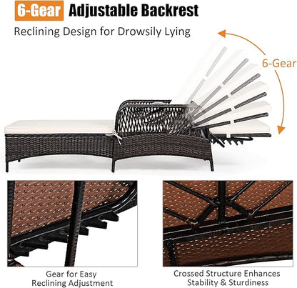 Tangkula Wicker Chaise Lounge Outdoor Set of 2, Patio Rattan Reclining Chaise with 6-Gear Adjustable Backrest, Thick Padded Cushion & Removable Lumbar Pillow, Pool Lounge Chairs for Outside Balcony
