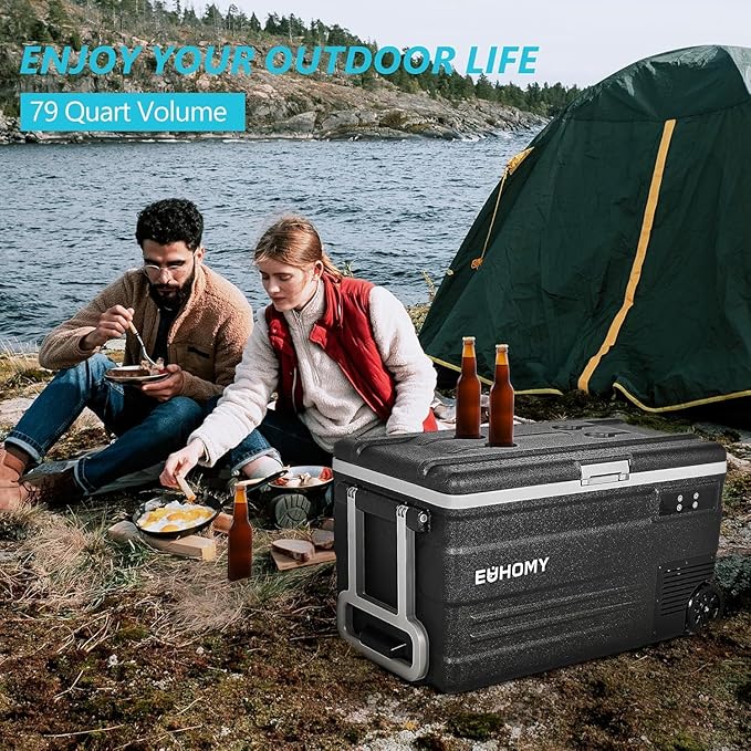 EUHOMY 12 Volt Car Refrigerator, 80 Quart(75L) Electric Cooler 0℉~68℉, Car fridge 12/24V DC & 110-240V AC Portable Refrigerator with Wheels, 12V Fridge for Camping, Trip, Truck, Home, Boating