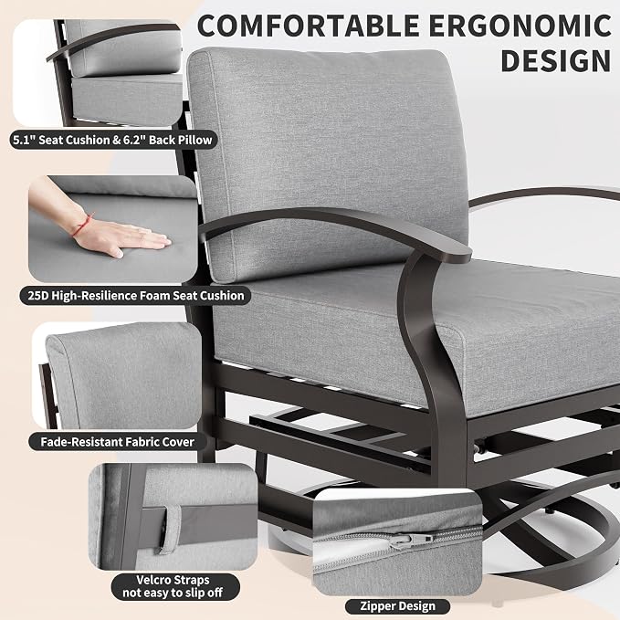 ALAUML Aluminum Outdoor Swivel Chairs High-Back Metal Swivel Rocking Chairs for Patios, Porches, Backyards, and Gardens—Grey