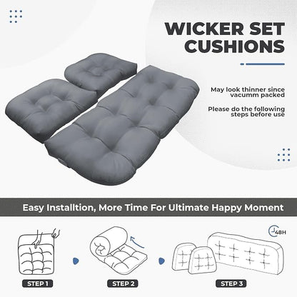 DANGHOOGY Wicker Chair Cushions, Waterproof Outdoor Loveseat Cushions for Patio Furniture, Tufted Wicker Furniture Cushions, 1 Loveseat and 2 U-Shaped Cushions, Grey