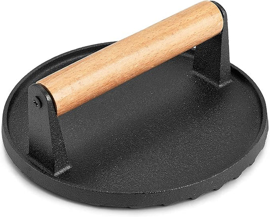 HaSteeL Single Cast Iron Grill Press, Heavy Duty 7In Bacon Burger Press with Wooden Handle, Pre-Seasoned Steak Press Great for Flat Top Griddle Teppanyaki BBQ Grilling Cooking Indoor & Outdoor