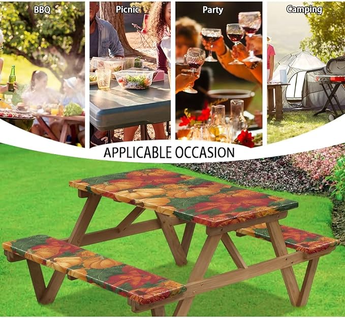Thanksgiving Elastic Fitted Table Cloth for Camping Party Supplies 3 PCS Set Classic Pumpkin Maple Leaf Outdoor Picnic Table Cover with Bench Covers