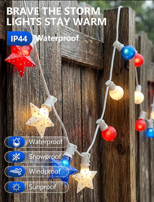 SUNSGNE 25FT Outdoor Red White and Blue String Lights, 25 LED Star & G40 Globe Bulbs, Patriotic Fourth of July Independence Day Decorations for Home Patio Yard