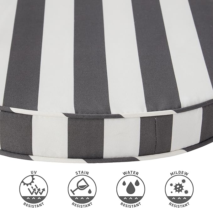 Set of 2 Outdoor 18 inch Round Patio Dining Chair Pads – Comfortable Fiber-Filled Seat Cushions with Ties, Reversible Polyester Fabric - Canopy Stripe Gray
