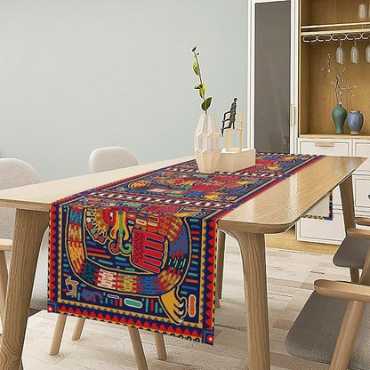 Mexican Table Runner,Cotton Linen Non-Slip Dining Table Runners Culture Pattern Colorful Artwork Abstract Snake in Vivid Folk Kitchen Decor 13x60 Inch