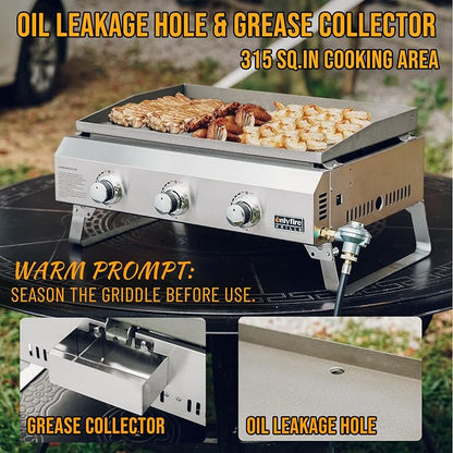 ONLYFIRE GRILLS Tabletop Gas Griddle 3 Burners, Propane Gas Stove, GS311 | Portable Flat Top Griddle for 1lb/20lb Propane, Outdoor Cooking Patio BBQ Camping Tailgating RV, Stainless Steel 24000BTU