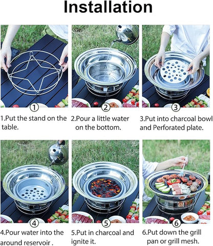Korean BBQ Grill Charcoal 13.7 Inches Stainless Steel Portable Barbecue Grill and 4 PCS Korean BBQ Tongs