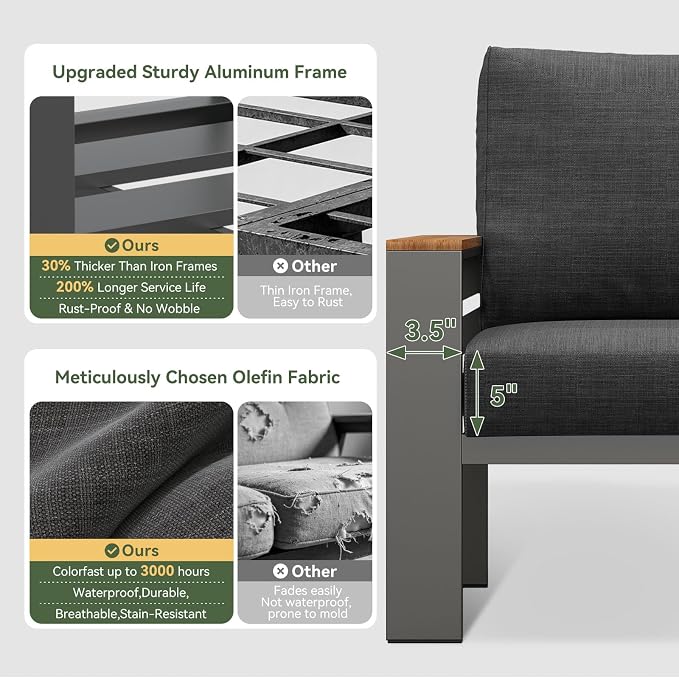 Aoxun Patio Furniture Set, Aluminum Patio Set with Fire Pit Table and 5" Thicken & Washable Cushion, Waterproof Outdoor Furniture, Outdoor Couch Sectional for Backyard (LS-7 Seats/F, Dark Grey)