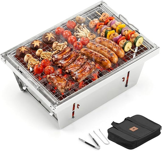 Camping Charcoal Grill for IGT Table, Folding Barbecue Grill with Tongs & Carry Bag, Portable BBQ Grill for Outdoor Car Camping Cooking Tailgating