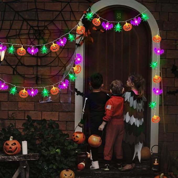 2 Pack Halloween Lights Outdoor Indoor Decorations Total 40FT 60 LED Pumpkin Bat Spider Halloween String Lights Battery Operated, 8 Modes Waterproof Cute Fairy Lights for Home Office Outside Decor
