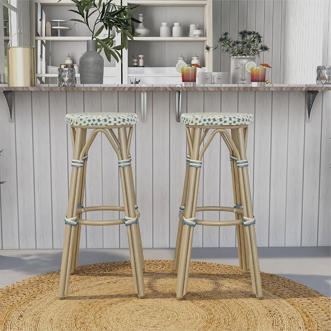 Seadrift Boho 30-inch Aluminum and All-Weather Wicker Barstools with Footrest, Patio Stools & Bar Chairs for Outdoor, Kitchen Counter, Poolside, Yard, Set of 2, Blue and Beige