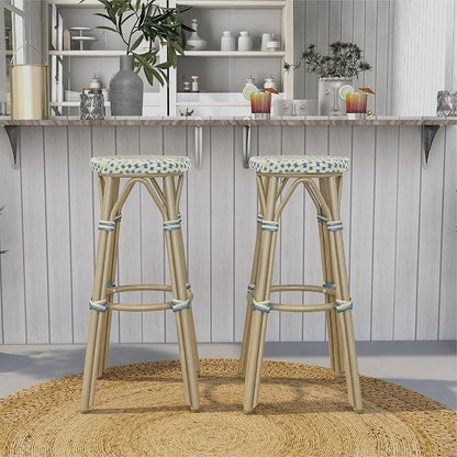Seadrift Boho 30-inch Aluminum and All-Weather Wicker Barstools with Footrest, Patio Stools & Bar Chairs for Outdoor, Kitchen Counter, Poolside, Yard, Set of 2, Blue and Beige