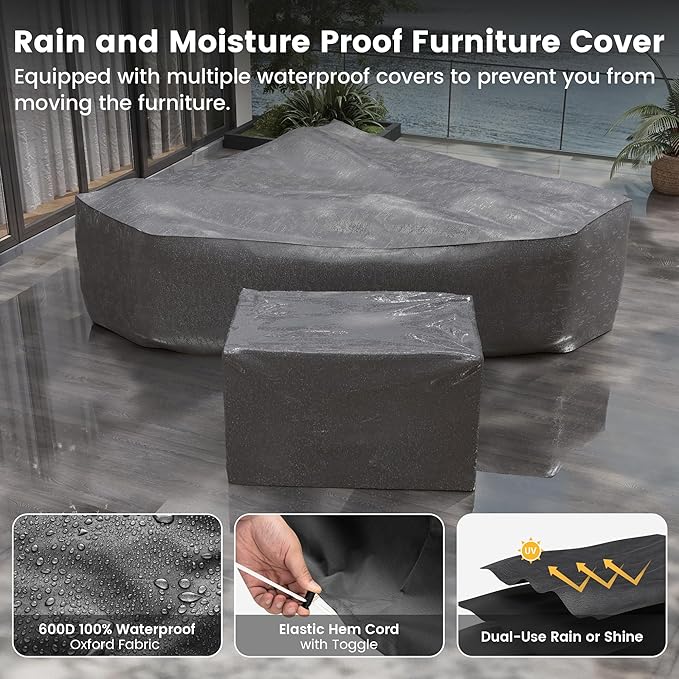 UDPATIO Patio Sectional Sofa with Fire Pit Table, 8 Inch Armrest 7-Piece Wicker Conversation with Waterproof Cover for Backyard Deck, Grey/Black