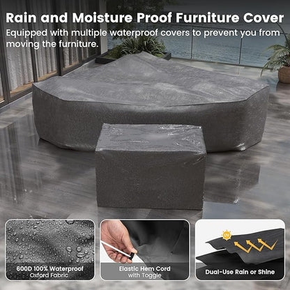 UDPATIO Patio Sectional Sofa with Fire Pit Table, 8 Inch Armrest 7-Piece Wicker Conversation with Waterproof Cover for Backyard Deck, Grey/Black