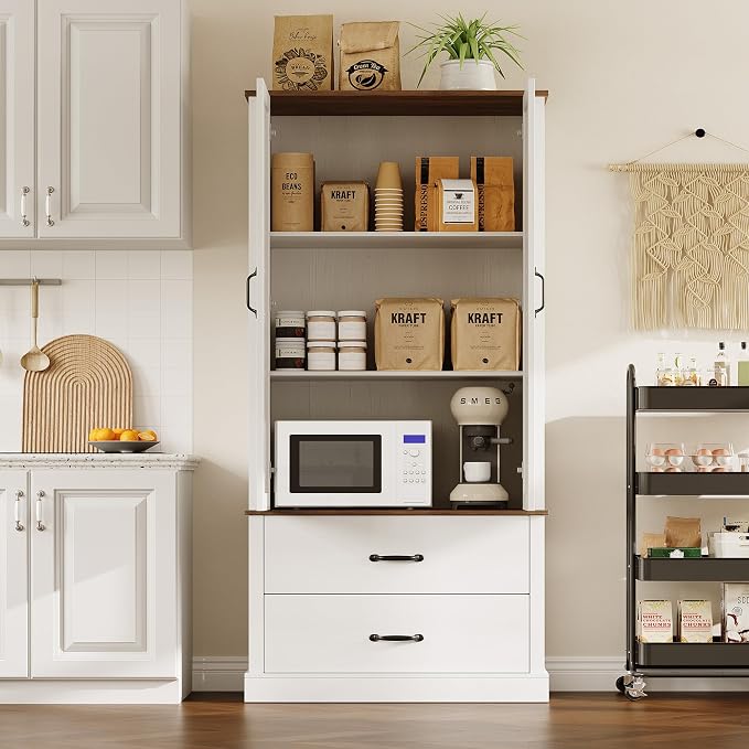 GarveeHome Kitchen Pantry Cabinet, Farmhouse Storage Cabinet with Barn Doors, Drawers and Adjustable Shelves, Versatile Storage for Kitchen, Dining Room, Rustic White
