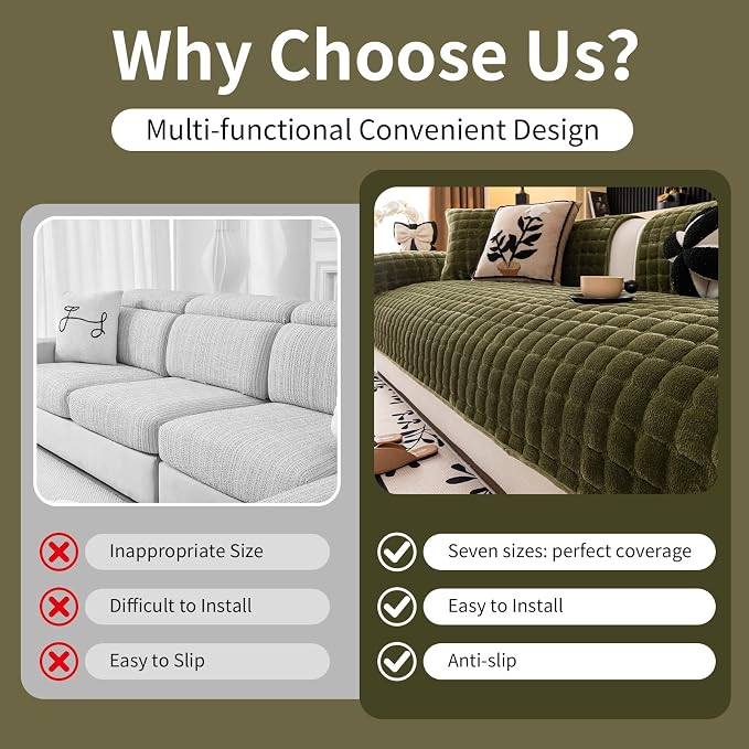 Velvet Couch Cover, Washable Sectional Sofa Cover, Anti Slip Sofa Slipcover for 3 Cushion Couch Sofa L Shaped Armrest Backrest, Furniture Protector Covers for Pets Kids(1PC,Green,36"×94")