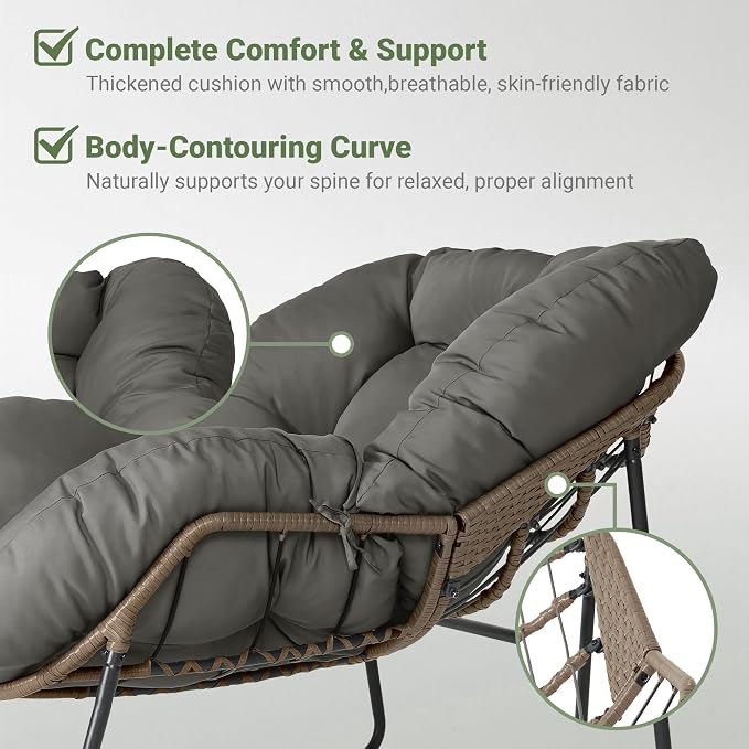 Bifanuo Oversized Egg Rocking Chair for Indoor/Outdoor – All-Weather Wicker Rattan Lounge Chair with Cushion, Patio Rocker for Porch, Garden, or Balcony (Classic Grey)