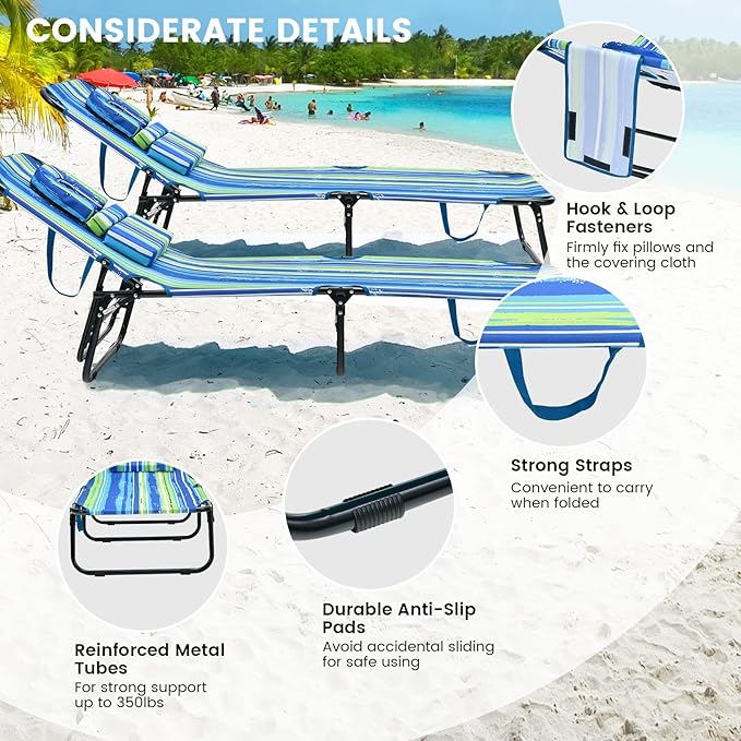 GYMAX Tanning Chair, 330lbs Beach Lounge Chair with Face Hole, Washable Pillow & Carry Strap, Adjustable Folding Chaise Lounge, Layout Chair for Outside, Patio, Poolside, Lawn (1, Stripe)