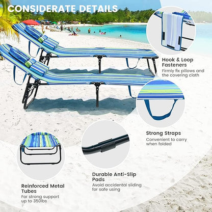 GYMAX Tanning Chair, 330lbs Beach Lounge Chair with Face Hole, Detachable Washable Pillow & Carry Strap, Adjustable Folding Lounger, Layout Chair for Outside, Patio, Poolside, Lawn (2, Blue Stripe)