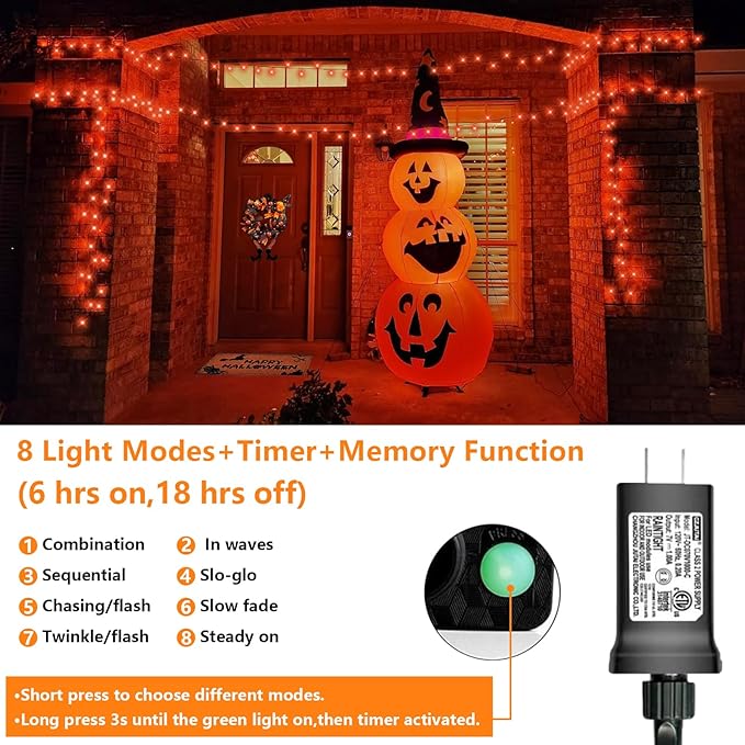 QITONG 165ft 500 LED Orange String Lights, Twinkle Lights Outdoor Waterproof with 8 Modes, Green Wire Orange Christmas Light Plug in Indoor with Timer Memory