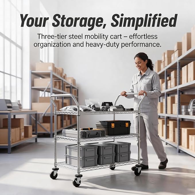 Finnhomy 3-Tier Commercial Grade Rolling Cart, Heavy Duty Utility Cart with Wheels and Handles, Metal Kitchen Carts on Wheels with 500 lbs Capacity, Shelf Size 20" D x 36" W, NSF