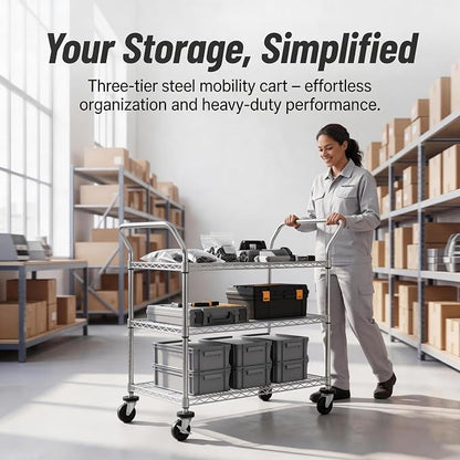 Finnhomy 3-Tier Commercial Grade Rolling Cart, Heavy Duty Utility Cart with Wheels and Handles, Metal Kitchen Carts on Wheels with 500 lbs Capacity, Shelf Size 20" D x 36" W, NSF