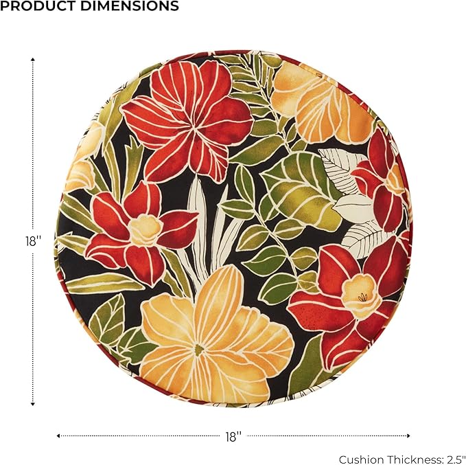 Set of 2 Outdoor 18 inch Round Patio Dining Chair Pads – Comfortable Fiber-Filled Seat Cushions with Ties, Reversible Polyester Fabric - Aloha Black Floral