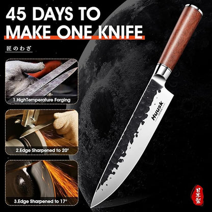 Huusk Japanese Chef Knife 8 Inch Gyuto Knife, Professional Sharp Kitchen Knives for Cooking, Solid Rosewood Handle Carbon Steel Knives with Gift Box, Gift Idea for Men & Women