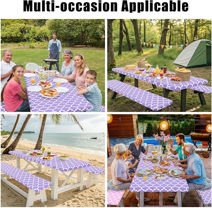 Smiry Picnic Table Cover with Bench Covers, Waterproof Elastic Fitted Tablecloth for 6 Foot Tables, Washable Polyester Tablecloths for Camping, Indoor & Outdoor (Lavender, 30x72 Inch 3-pc Set)
