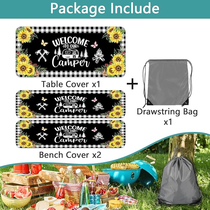 Sunflower Plaid Picnic Table Cover with Bench Covers and Bag, Camping Essentials, Checkered Floral Waterproof Windproof, Fitted Tablecloth Cover with Elastic Edge, Garden & Outdoor, 3 PCS, 30x72 Inch