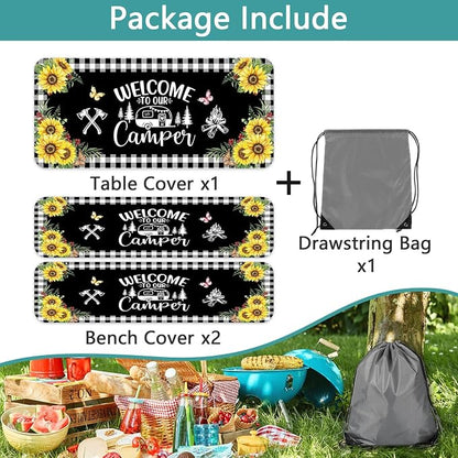 Sunflower Plaid Picnic Table Cover with Bench Covers and Bag, Camping Essentials, Checkered Floral Waterproof Windproof, Fitted Tablecloth Cover with Elastic Edge, Garden & Outdoor, 3 PCS, 30x60 Inch