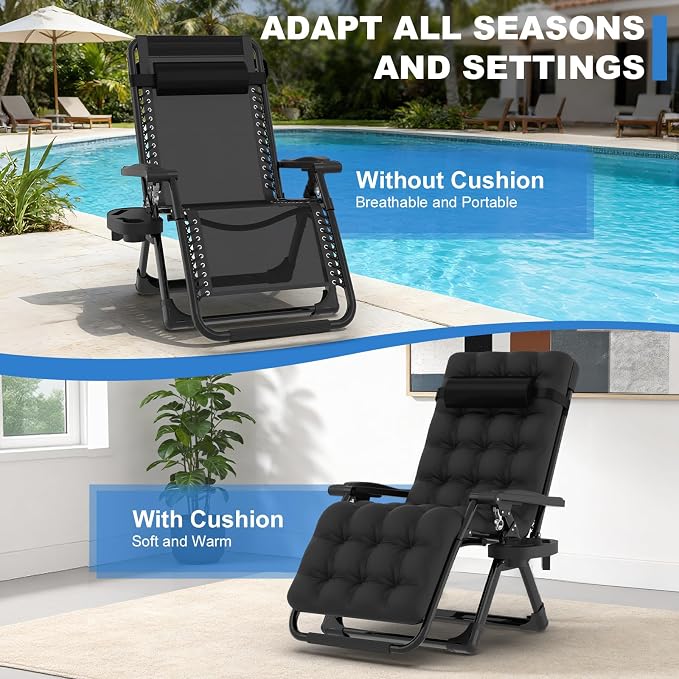 Slendor Zero Gravity Chair, Zero Gravity Lounge Chair with Upgraded Lock and Removable Cushion, Reclining Camping Chair with Cup Holder, Folding Recliner for Indoor and Outdoor, Black