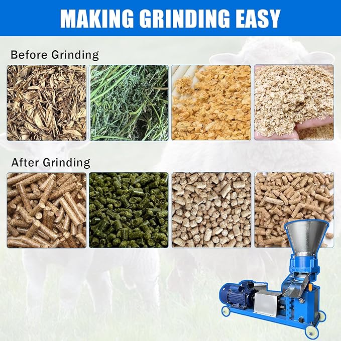 110V Feed Pellet Mill Machine 3 Head Rollers Pellet Maker Machine for Poultry Livestock Farm Animal 2.5/3/4/5/6/8mm Grinding Discs, Air Switch, Splash Plate, 220-440 lb/h, 5.5KW 60HZ