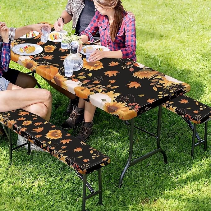 Thanksgiving Pumpkin Sunflower Outdoor Picnic Table Cover Thanksgiving 3 PCS Set Fitted Picnic Table Cover for Outdoor Camping