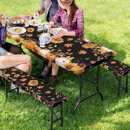 Thanksgiving Pumpkin Sunflower Outdoor Picnic Table Cover Thanksgiving 3 PCS Set Fitted Picnic Table Cover for Outdoor Camping