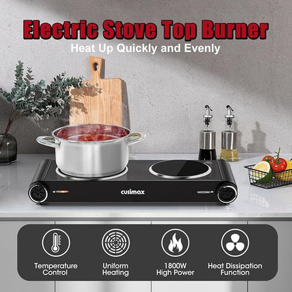 CUSIMAX Hot Plate for Cooking,1800w Double Infrared,Portable Electric Stove,Adjustable Temperature Control,Glass Plate Double Cooktop for Dorm Office Home Camp,Stainless Steel