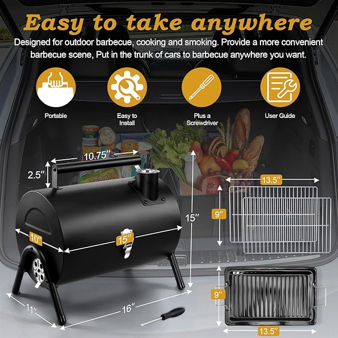 Portable Charcoal Grill with Thermometer & Small Tabletop Barbecue Grill, Joyfair Barbecue Grill for Outdoor Camping Backyard Party BBQ, Small Grill with Food Tray & Rack (2 IN 1 Double-Sided)