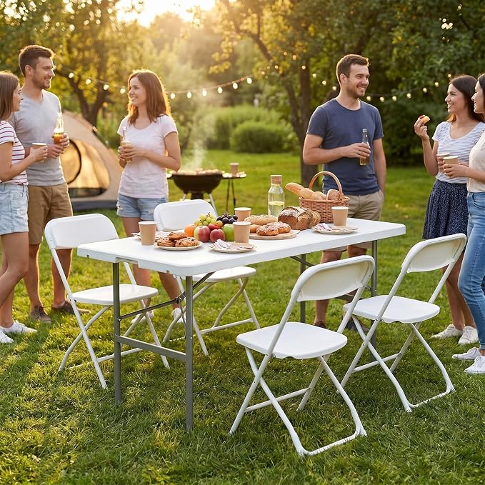 Sweetcrispy 4 FT Folding Picnic Table Easy to Fold and Store, Foldable Table for Camping Picnic Dining Party Kitchen Outdoor Indoor with Carrying Handle