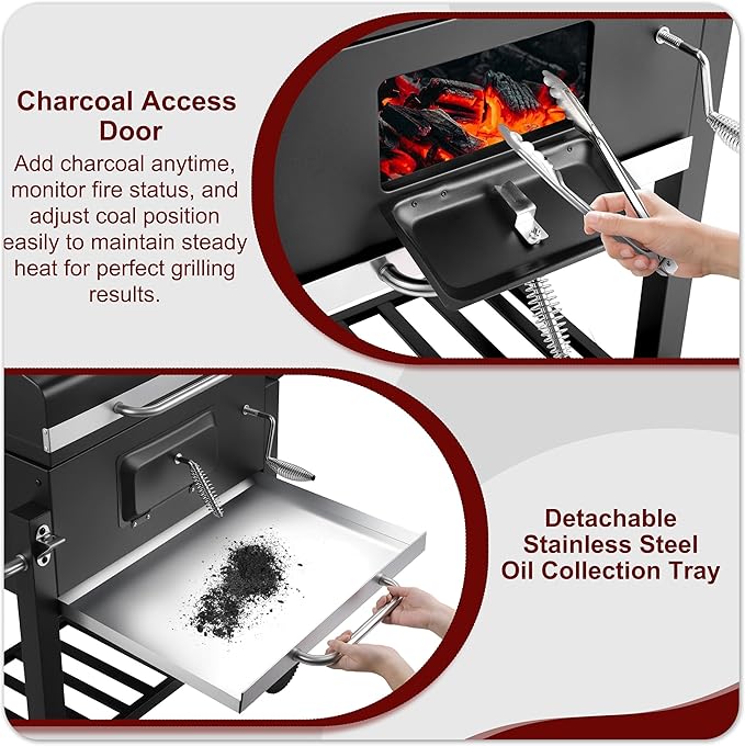 Portable Charcoal Grill, Large BBQ Grill with Height Adjustable Charcoal Pan, Built-in Thermometer & Foldable Side Table, Outdoor Charcoal Grill Portable for Patio Backyard Picnic Camping