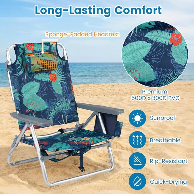 GYMAX Beach Chairs, Backpack Camping Chair | with Armrest, Cooler Bag, Cup Holder & Towel Bar, Sunbath Tanning Lounge, Folding Layout Chair (Without Table, Flower)