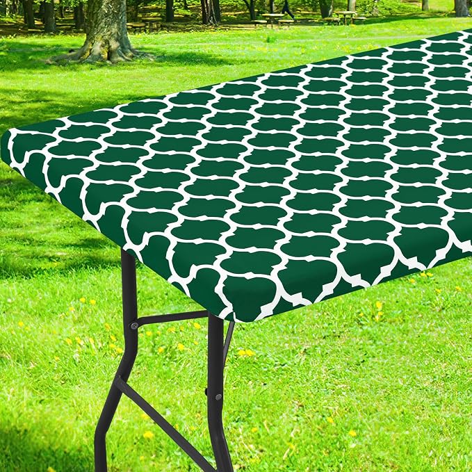 Smiry Picnic Fitted Table Cover, 6 Foot Flannel Backed Vinyl Tablecloth | Waterproof Elastic Stretch Table Cloth, Wipeable Plastic Tablecloth for Camping, Indoor & Outdoor (Emerald Green, 30" x 72")