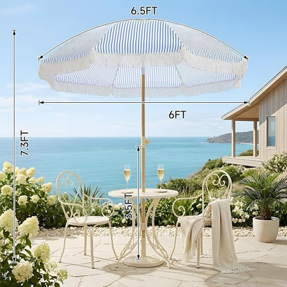 6.5FT Boho Patio Umberlla with Fringe,UPF50+ Outdoor Umbrella with Fiberglass Ribs and Push Button Tilt,Tassels Umbrella for Beach,Terrace,Picnic
