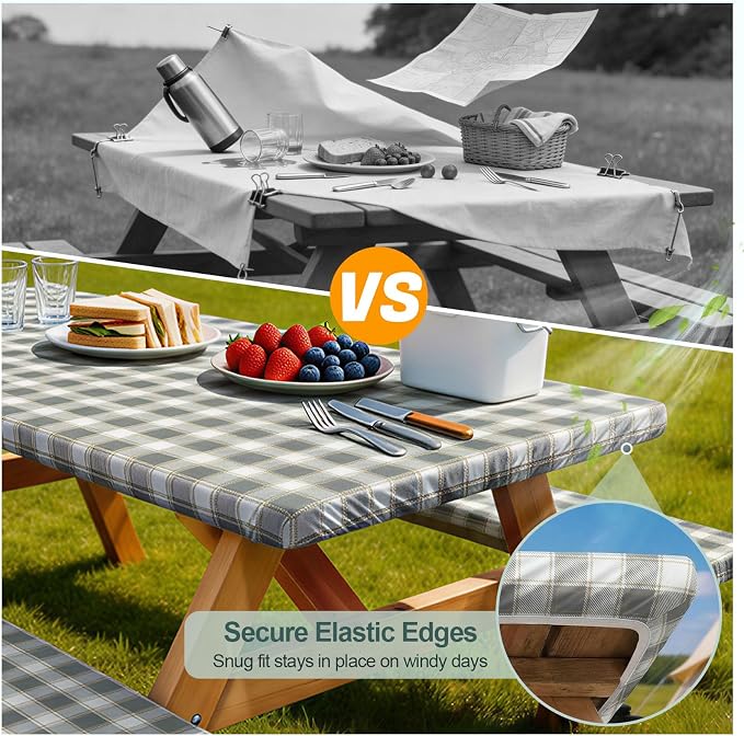 Picnic Table Cover with Bench Covers Camping Essentials Waterproof Windproof Camping Tablecloth with Drawstring Bag, Fitted Rectangle Tables and Seats, 72in, Gray White