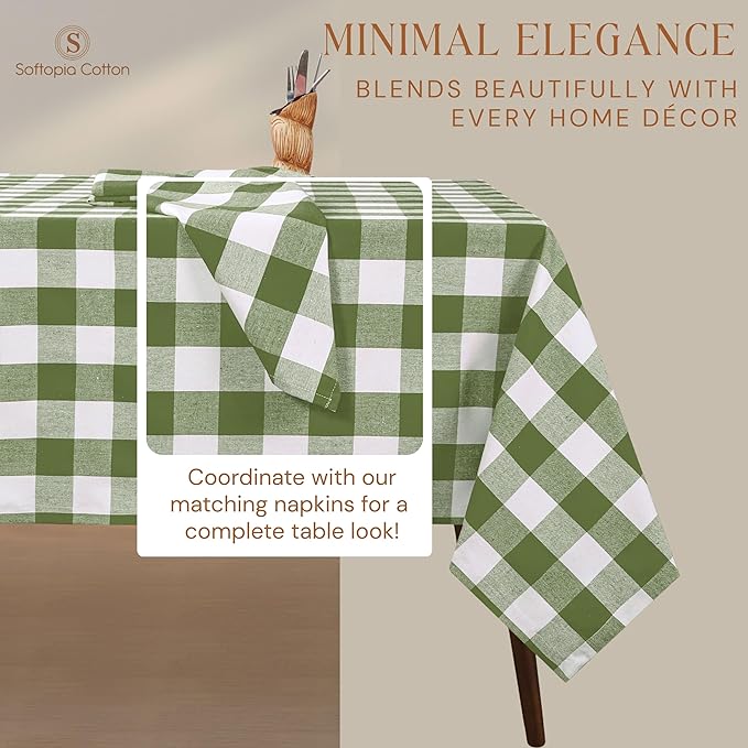 Mint Green and White Buffalo Check Tablecloth, 52x70 Inches, Plaid Table Cover, 100% Cotton, Washable, Reusable Farmhouse Tablecloth for Holidays, Parties, Weddings, Everyday Use